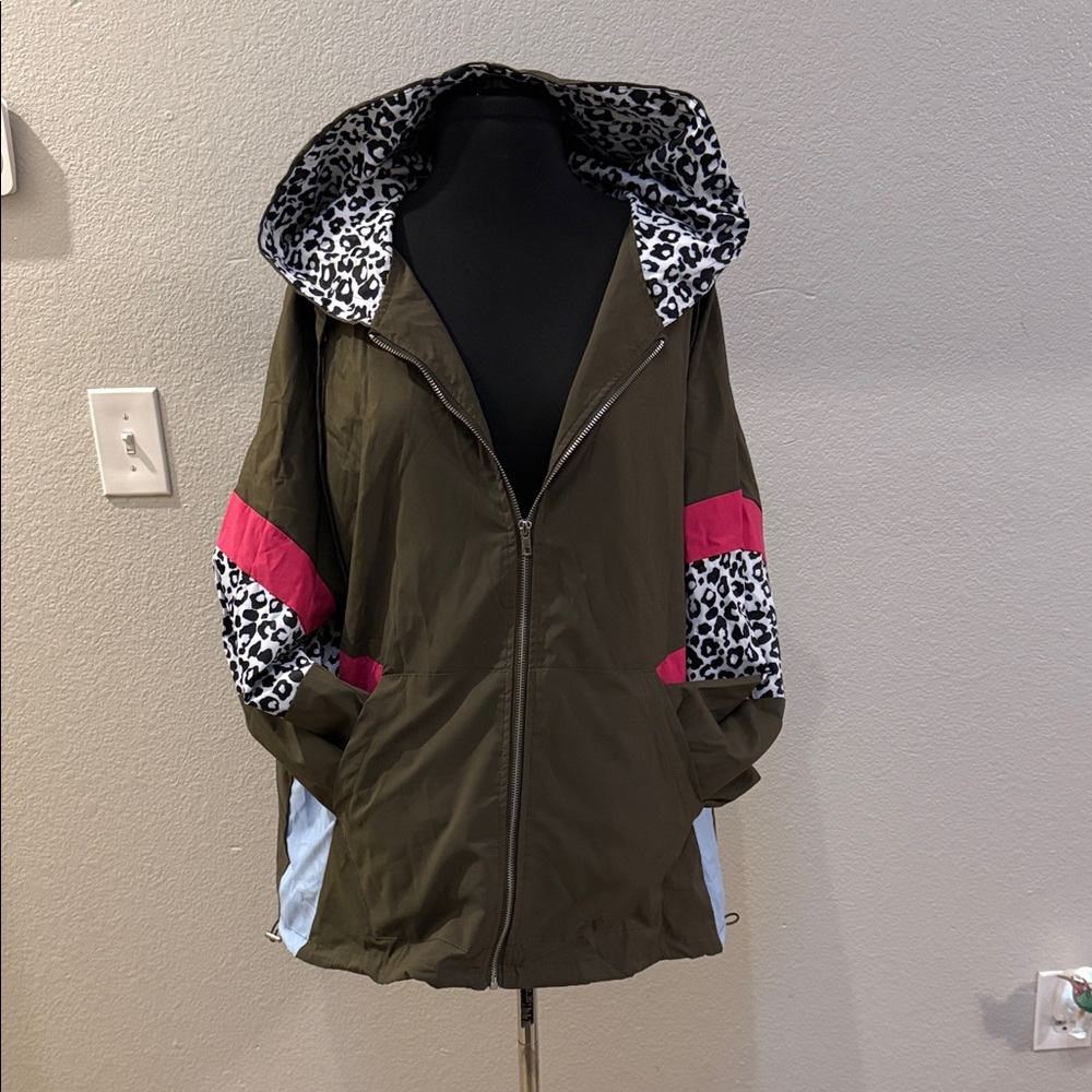 Olive Hooded Anorak Jacket with Pink, Blue & Leopard Accents - Picture 6 of 6